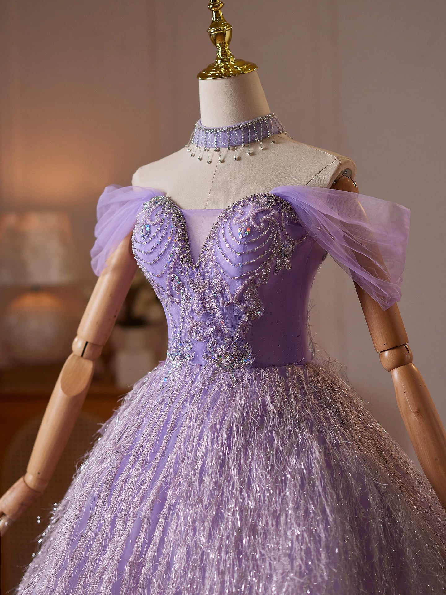 Enchanting Lavender Tulle Mini Dress with Beaded Bodice and Feather-Like Skirt TYL065|Selinadress