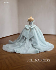Enchanting Light Blue Ball Gown with Intricate Gold Embroidery and Off-the-Shoulder Sleeves 261090|Selinadress