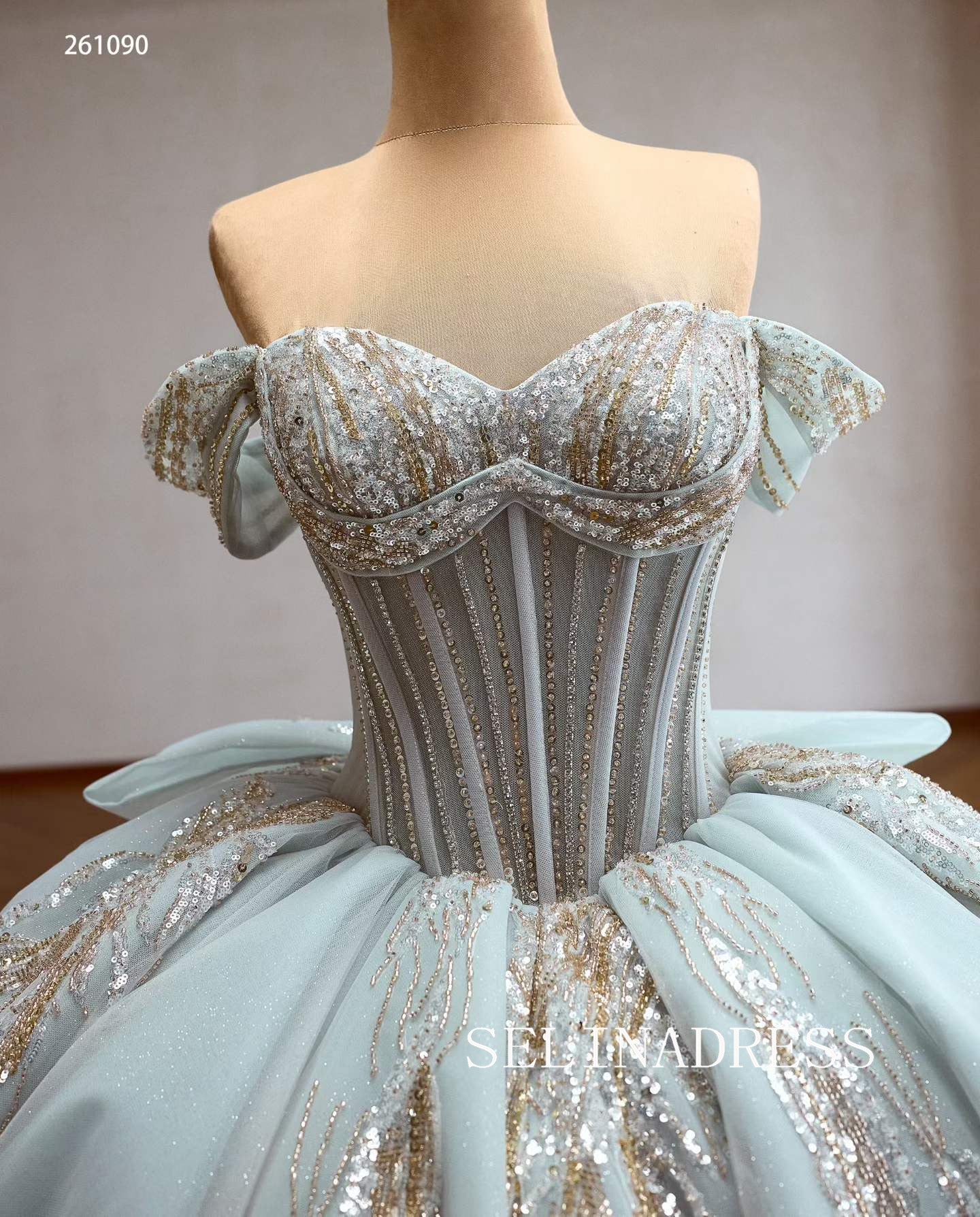 Enchanting Light Blue Ball Gown with Intricate Gold Embroidery and Off-the-Shoulder Sleeves 261090|Selinadress
