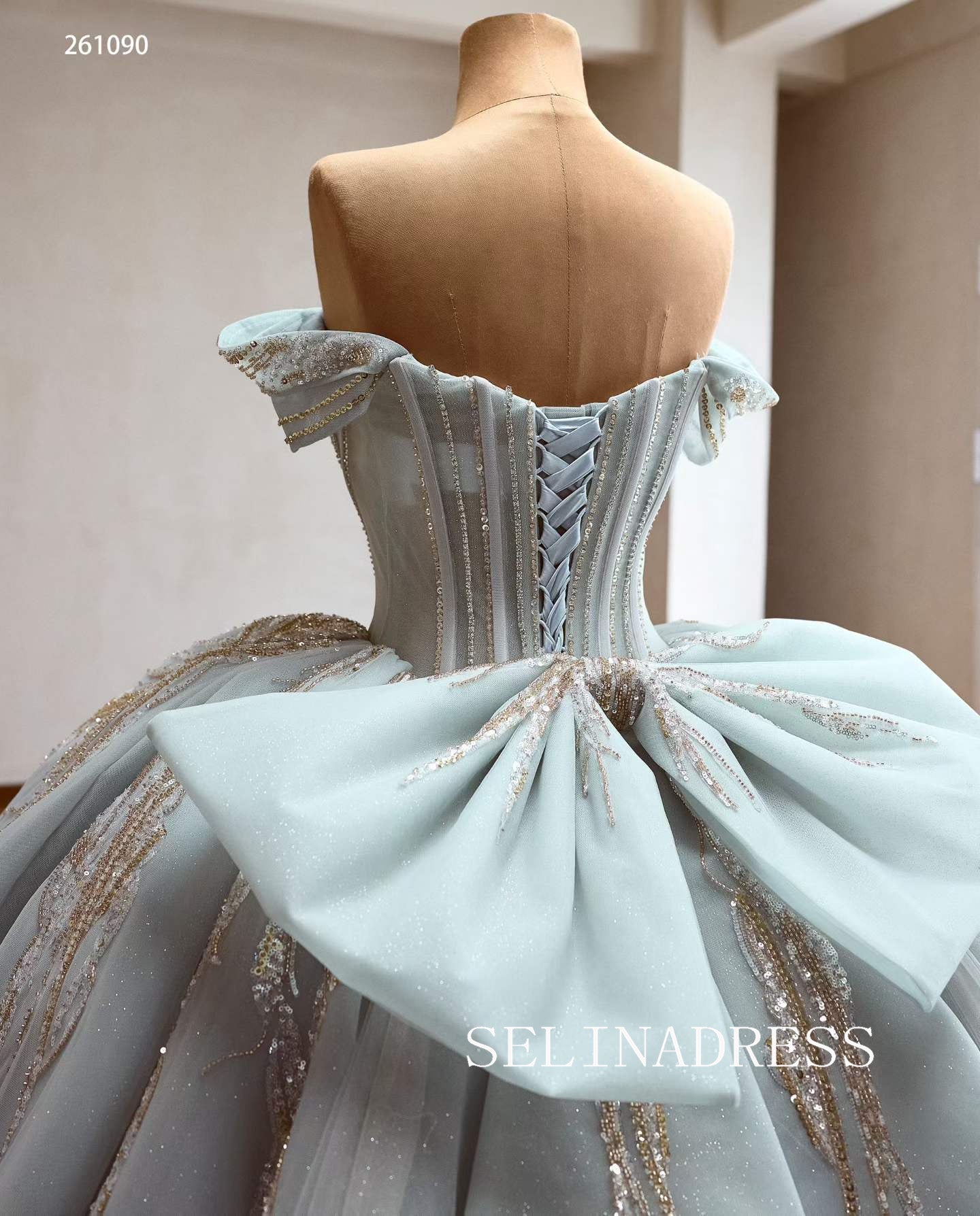 Enchanting Light Blue Ball Gown with Intricate Gold Embroidery and Off-the-Shoulder Sleeves 261090|Selinadress