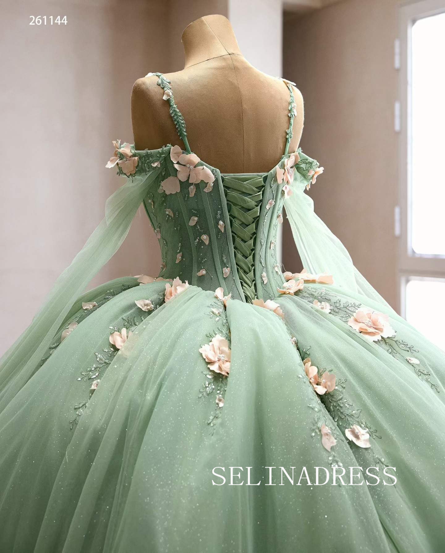 Enchanting Mint Green Ball Gown with Floral Embellishments and Ruffled Hem 261144|Selinadress