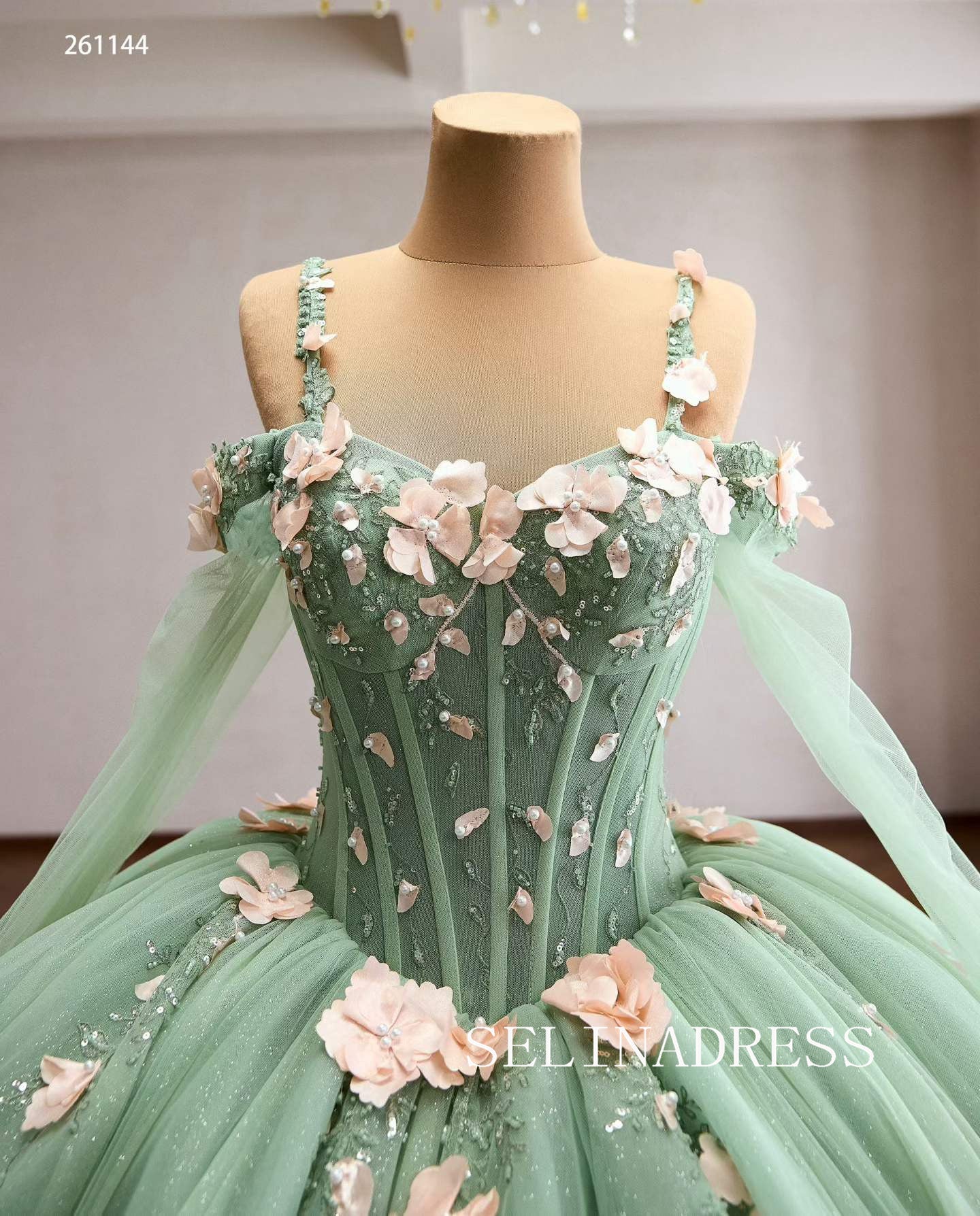 Enchanting Mint Green Ball Gown with Floral Embellishments and Ruffled Hem 261144|Selinadress