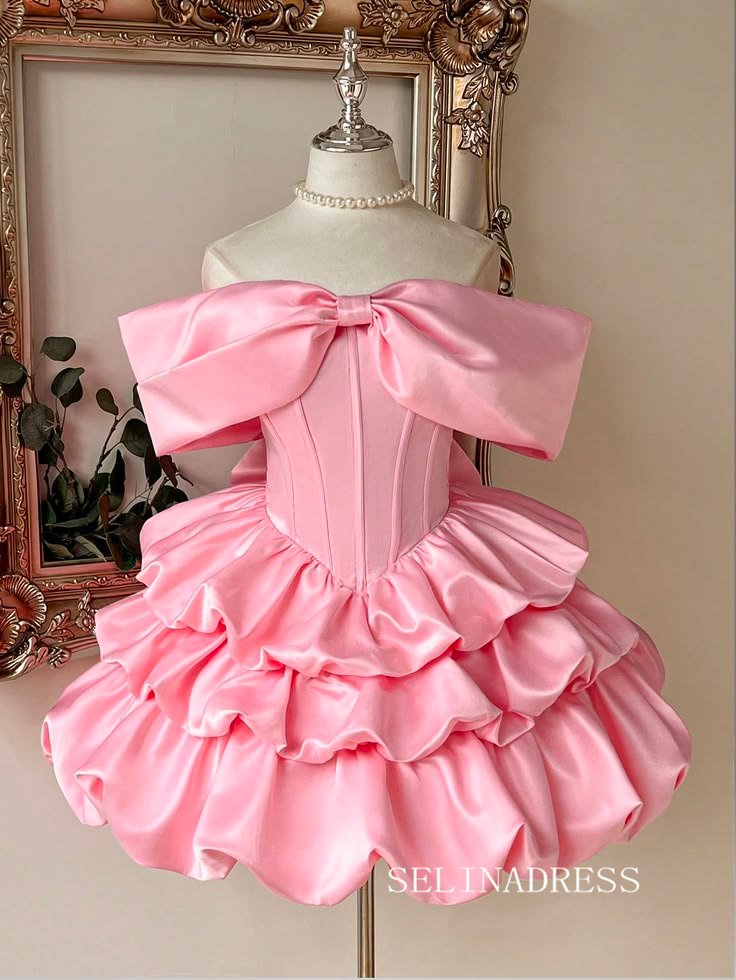 Enchanting Pink Off-the-Shoulder Mini Dress with Oversized Bow cok063|Selinadress