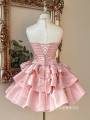 Enchanting Pink Off-the-Shoulder Mini Prom Dress with Tiered Ruffles and Corset Back cok065|Selinadress