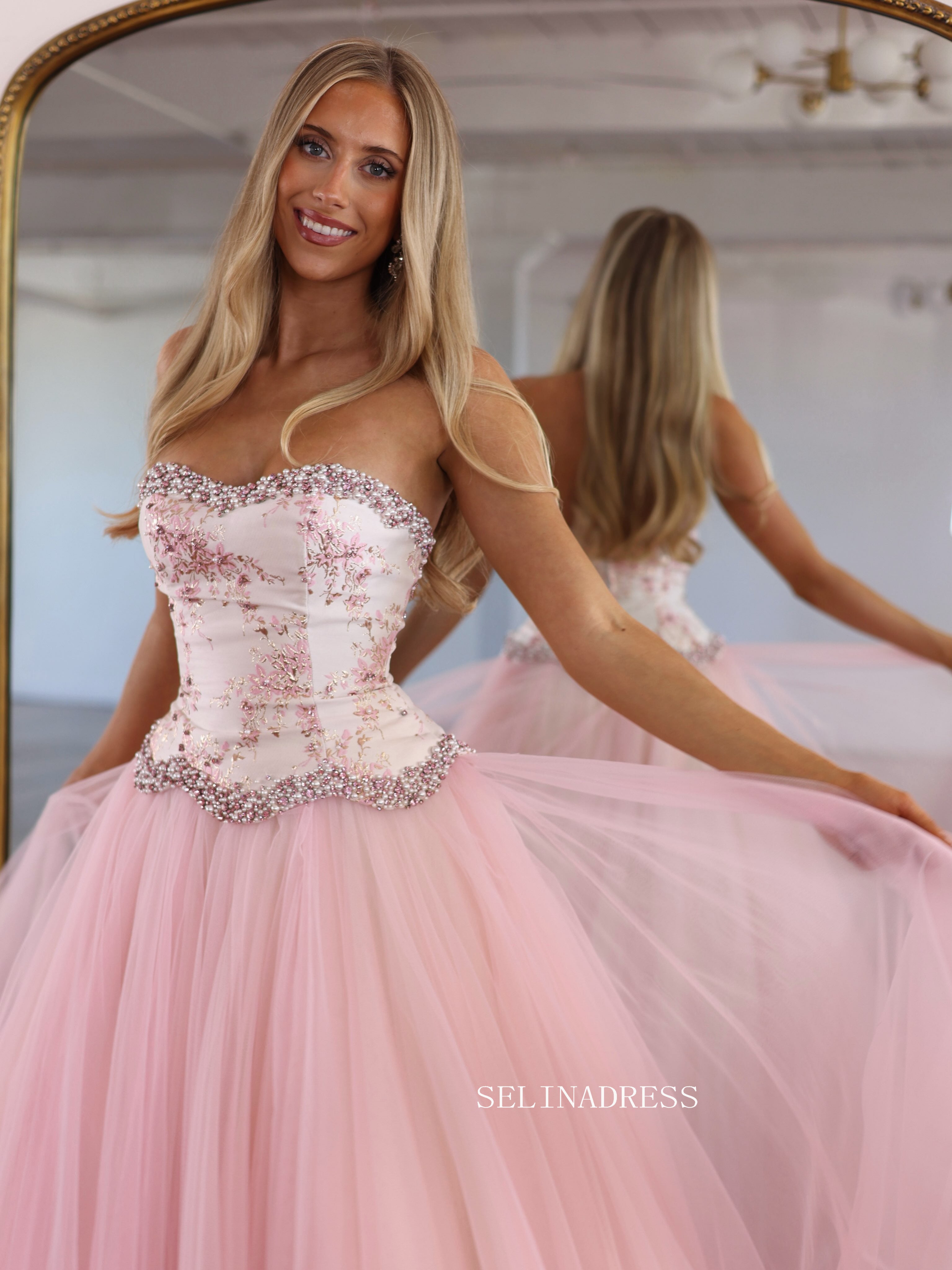 Enchanting Pink Strapless Ball Gown with Floral Embroidery and Beaded Accents COK036|Selinadress