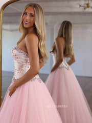 Enchanting Pink Strapless Ball Gown with Floral Embroidery and Beaded Accents COK036|Selinadress