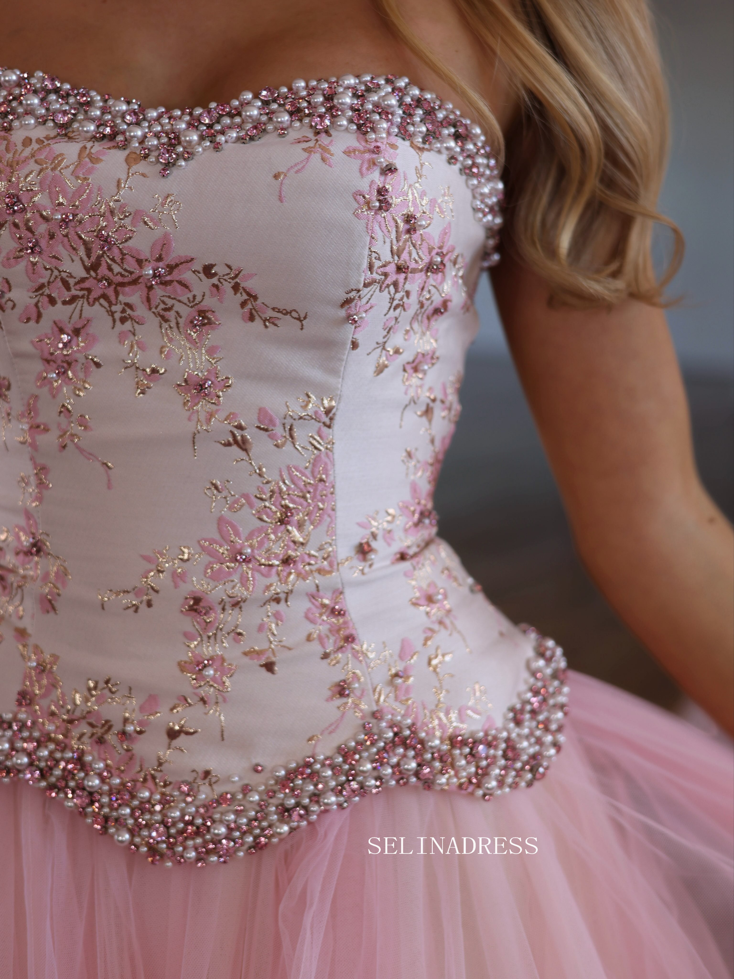 Enchanting Pink Strapless Ball Gown with Floral Embroidery and Beaded Accents COK036|Selinadress