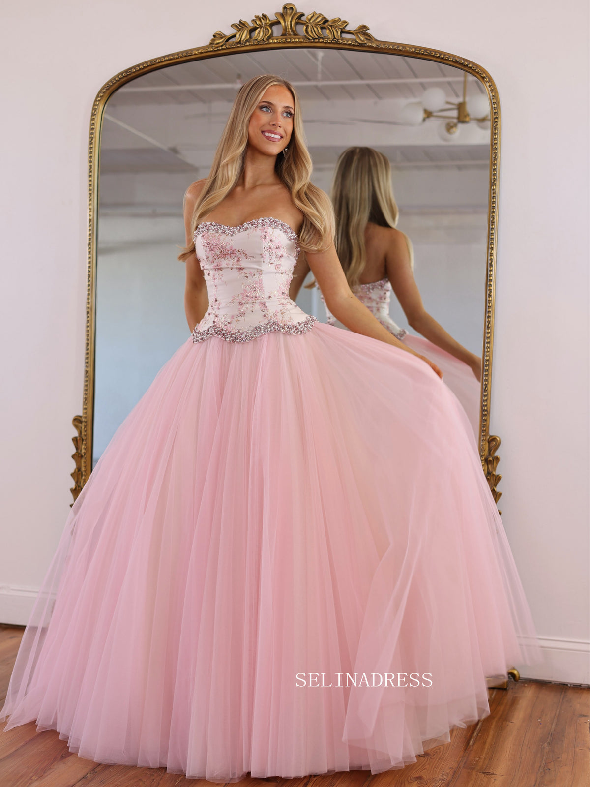 Enchanting Pink Strapless Ball Gown with Floral Embroidery and Beaded Accents COK036|Selinadress