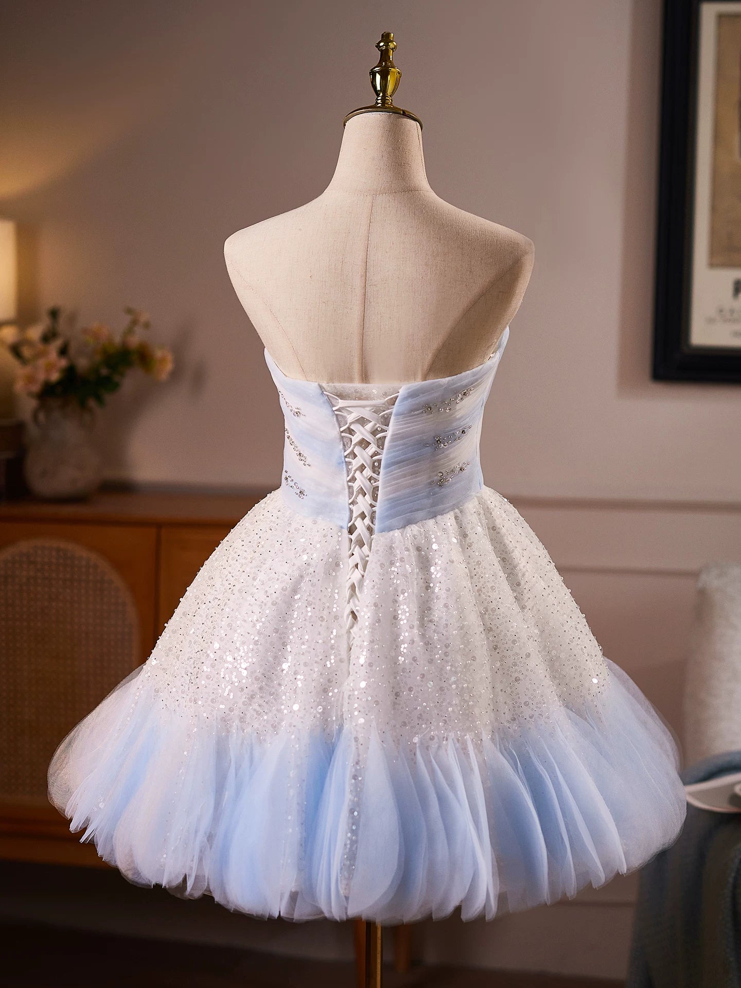 Ethereal Blue and White Tulle Mini Dress with Sequined Bodice and Ruffled Hem TYL063|Selinadress