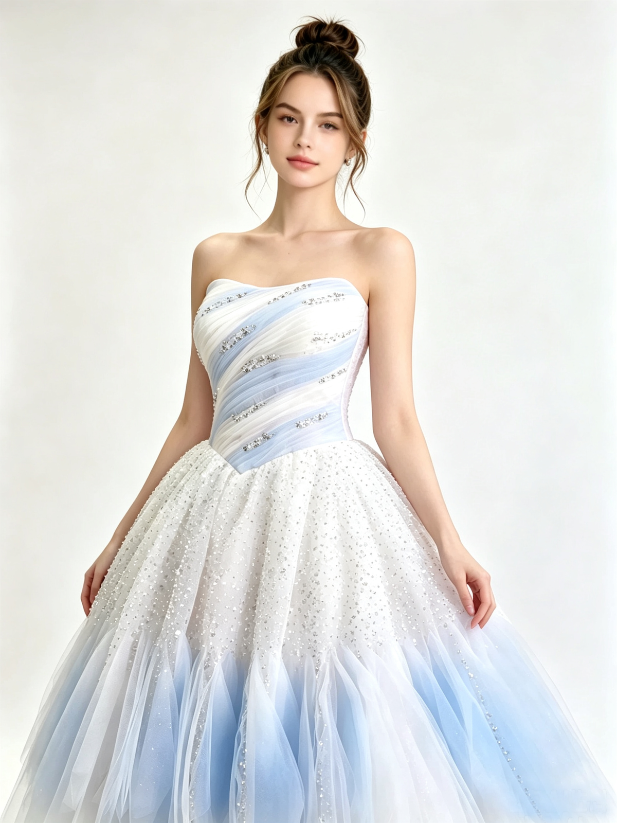 Ethereal Blue and White Tulle Mini Dress with Sequined Bodice and Ruffled Hem TYL063|Selinadress