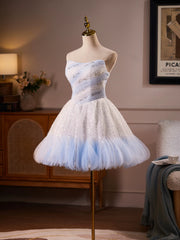 Ethereal Blue and White Tulle Mini Dress with Sequined Bodice and Ruffled Hem TYL063|Selinadress