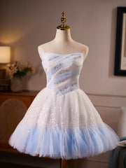 Ethereal Blue and White Tulle Mini Dress with Sequined Bodice and Ruffled Hem TYL063|Selinadress
