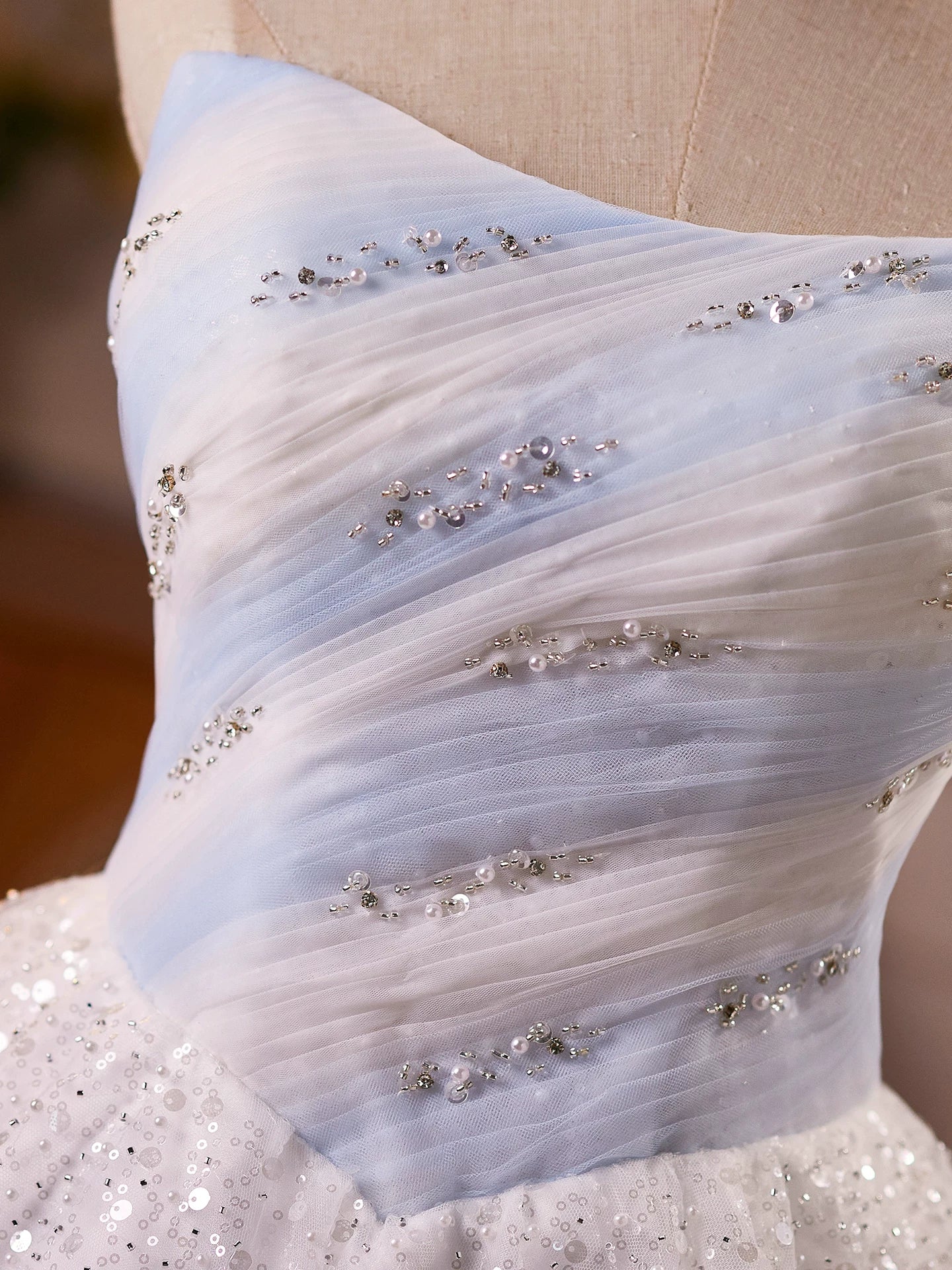 Ethereal Blue and White Tulle Mini Dress with Sequined Bodice and Ruffled Hem TYL063|Selinadress