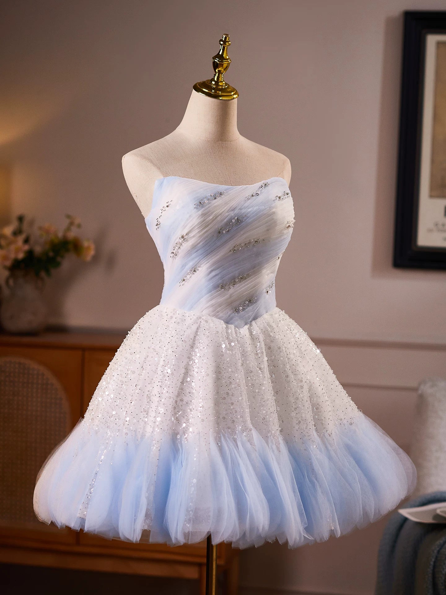 Ethereal Blue and White Tulle Mini Dress with Sequined Bodice and Ruffled Hem TYL063|Selinadress