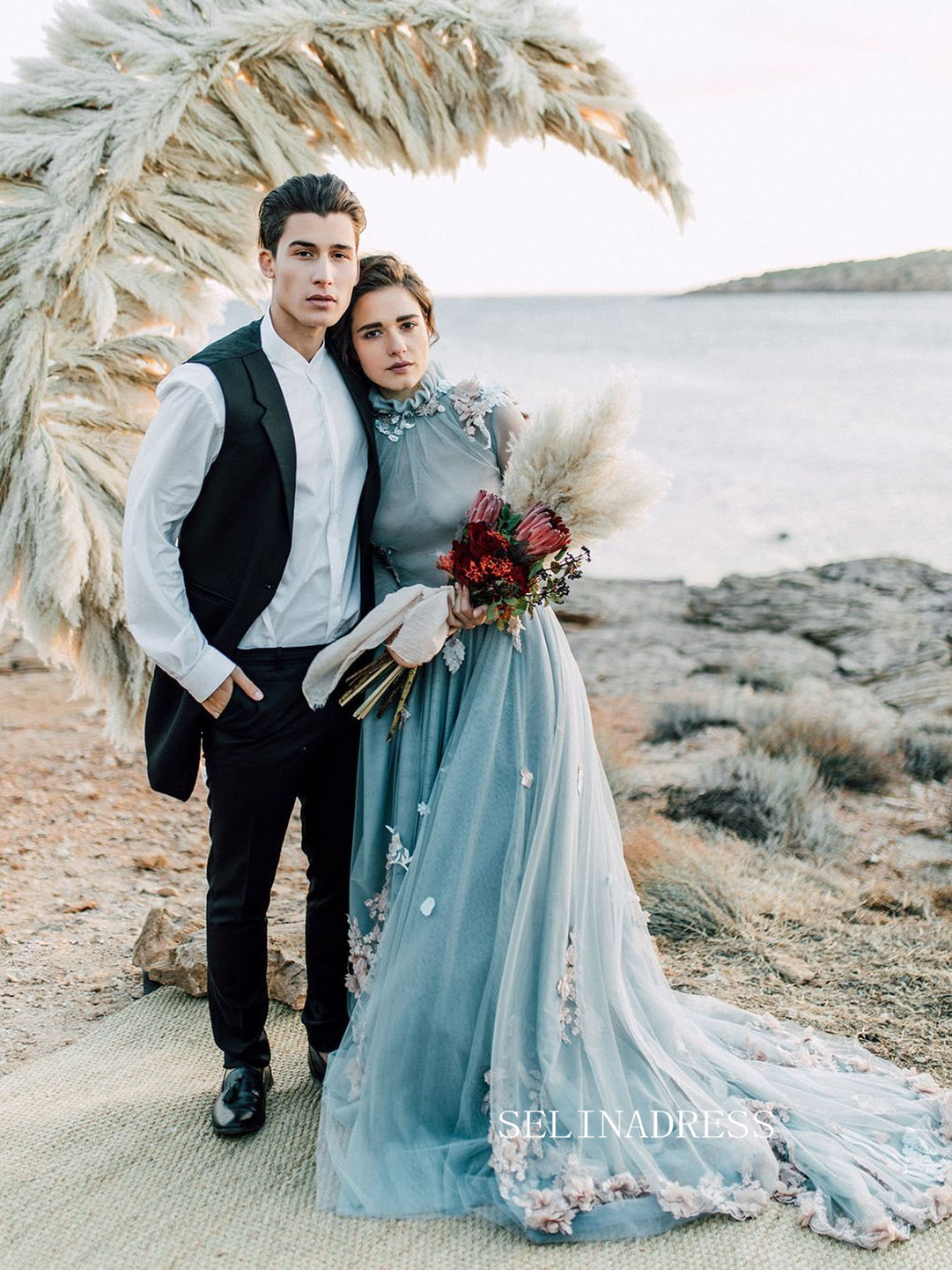 Ethereal Blue Floral-Embellished Tulle Gown for the Enchanted Bride COK101|Selinadress