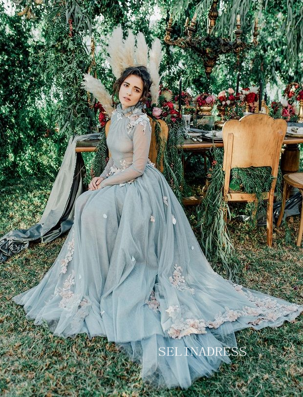 Ethereal Blue Floral-Embellished Tulle Gown for the Enchanted Bride COK101|Selinadress