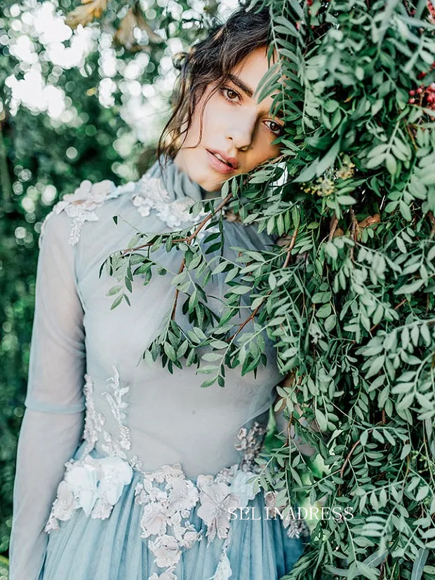 Ethereal Blue Floral-Embellished Tulle Gown for the Enchanted Bride COK101|Selinadress