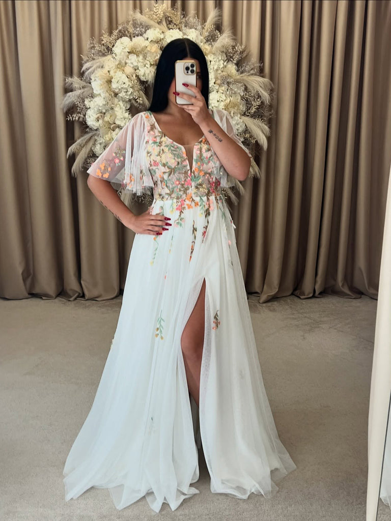 Ethereal Ivory Wedding Dress with 3D Floral Appliqus, Flutter Sleeves   SELINADRESS