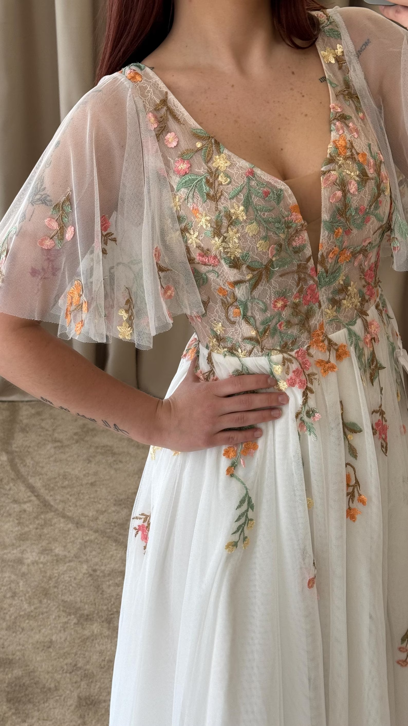 Ethereal Ivory Wedding Dress with 3D Floral Appliqués, Flutter Sleeves, Illusion Bodice TKL810|Selinadress
