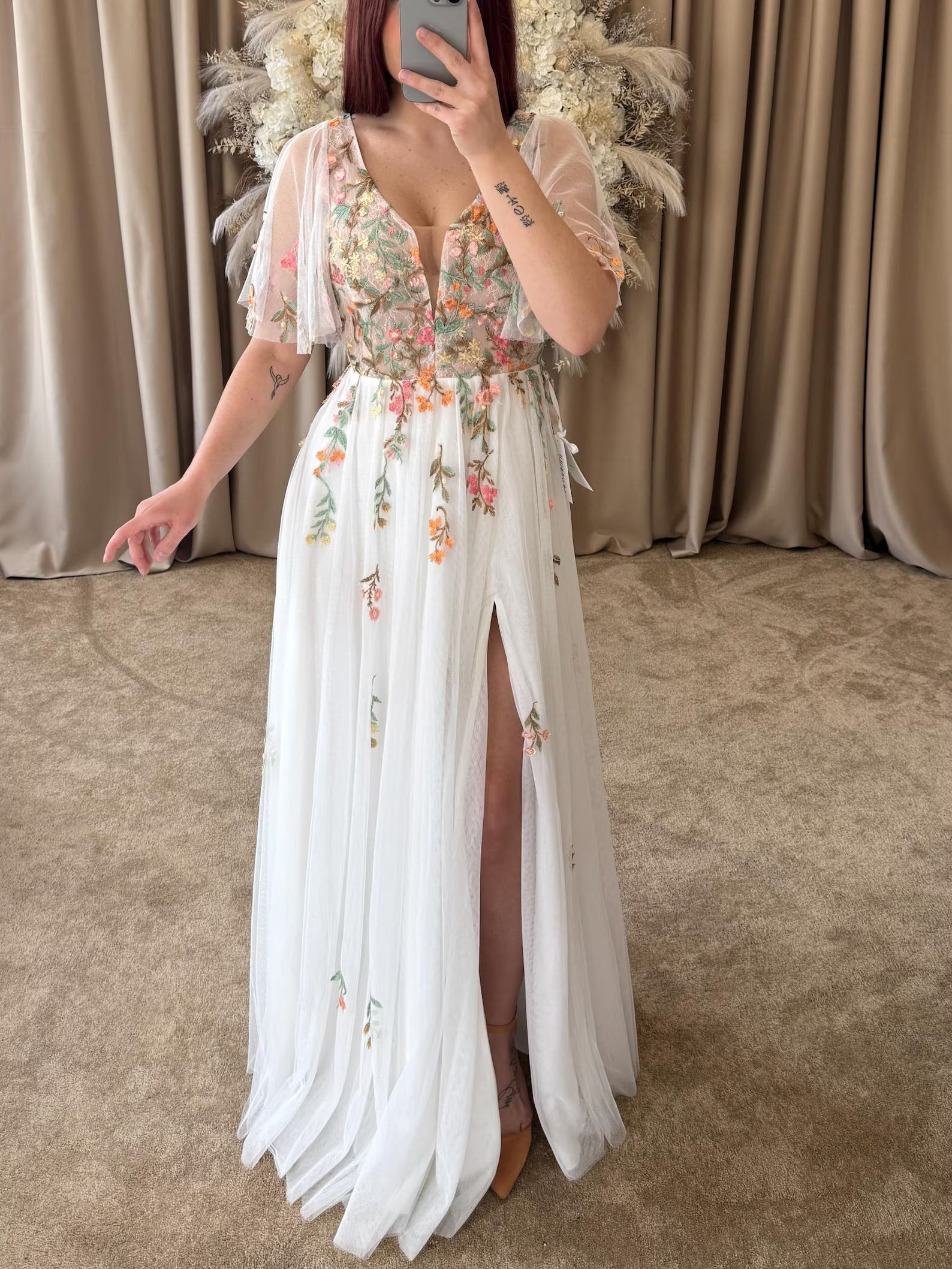 Ethereal Ivory Wedding Dress with 3D Floral Appliqués, Flutter Sleeves, Illusion Bodice TKL810|Selinadress