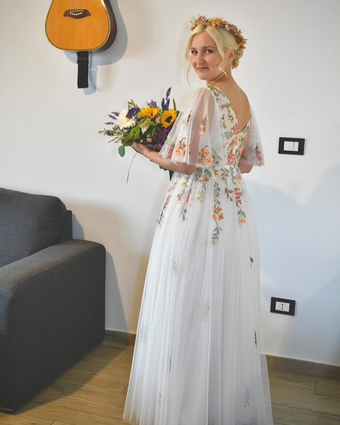 Ethereal Ivory Wedding Dress with 3D Floral Appliqués, Flutter Sleeves, Illusion Bodice TKL810|Selinadress