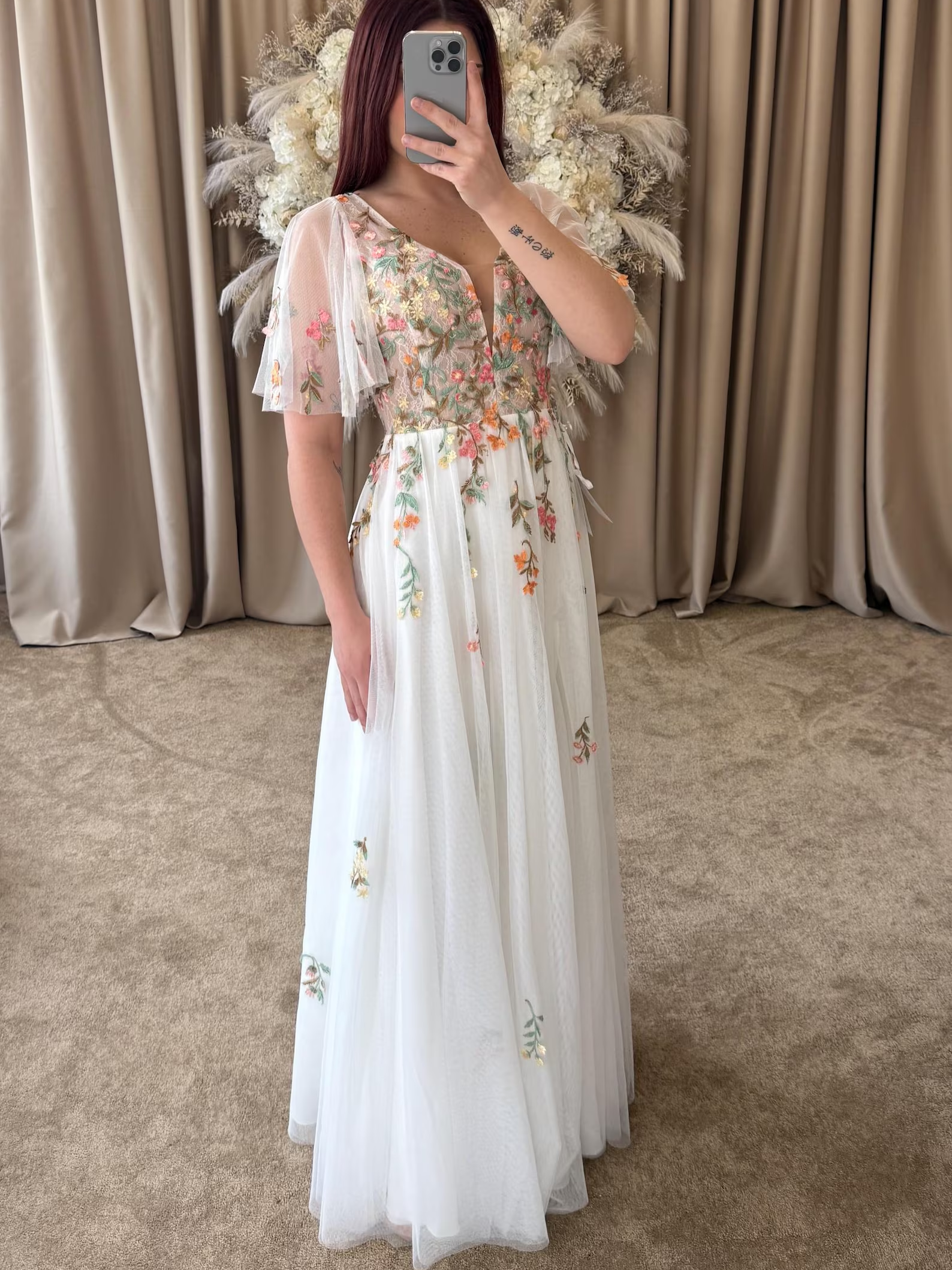 Ethereal Ivory Wedding Dress with 3D Floral Appliqués, Flutter Sleeves, Illusion Bodice TKL810|Selinadress