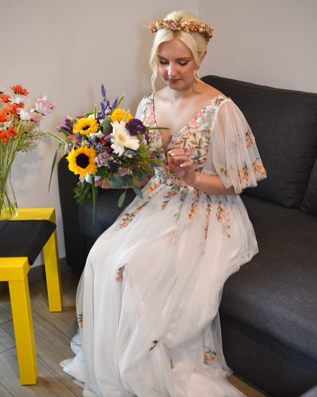Ethereal Ivory Wedding Dress with 3D Floral Appliqués, Flutter Sleeves, Illusion Bodice TKL810|Selinadress