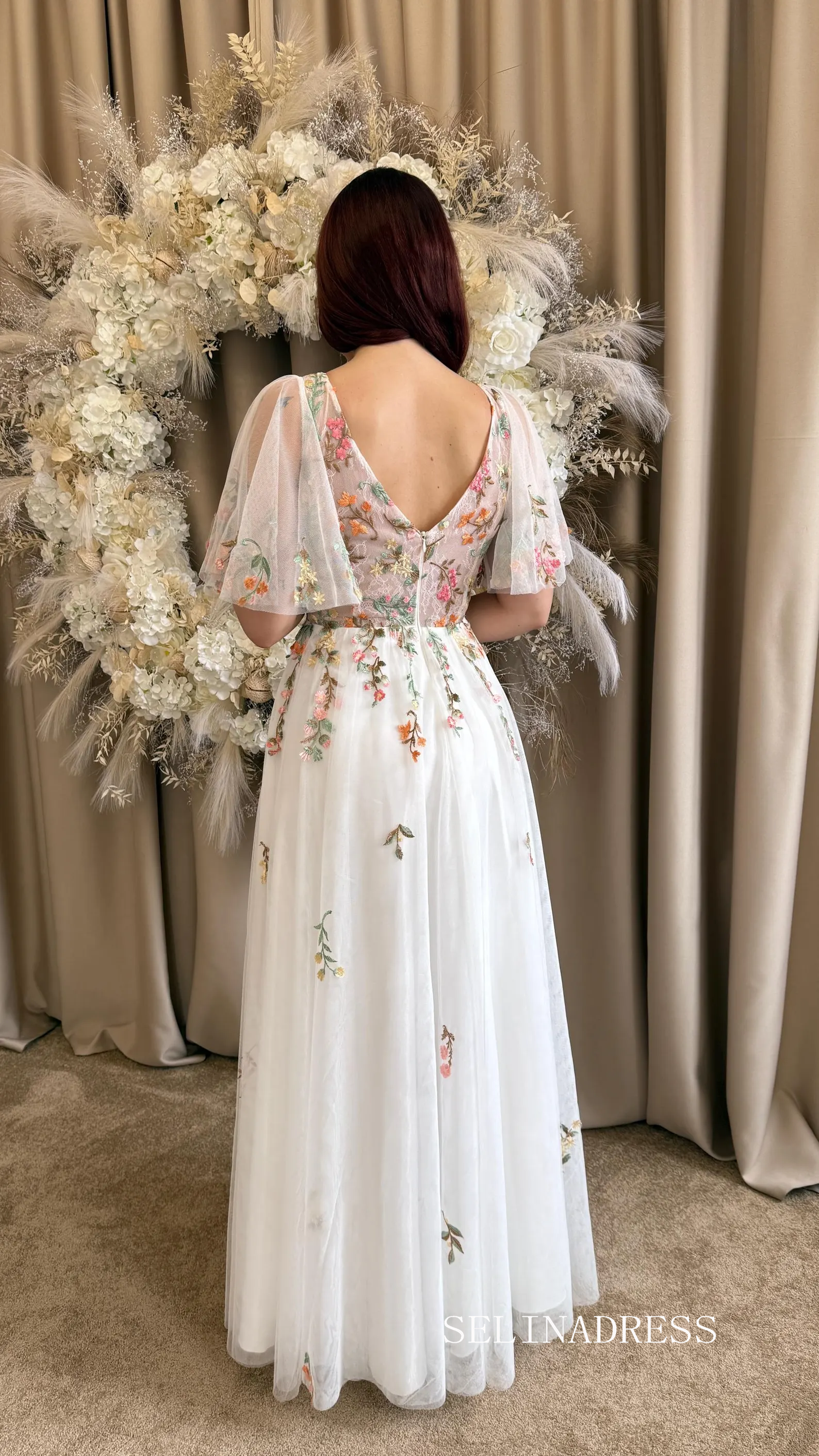 Ethereal Ivory Wedding Dress with 3D Floral Appliqués, Flutter Sleeves, Illusion Bodice TKL810|Selinadress