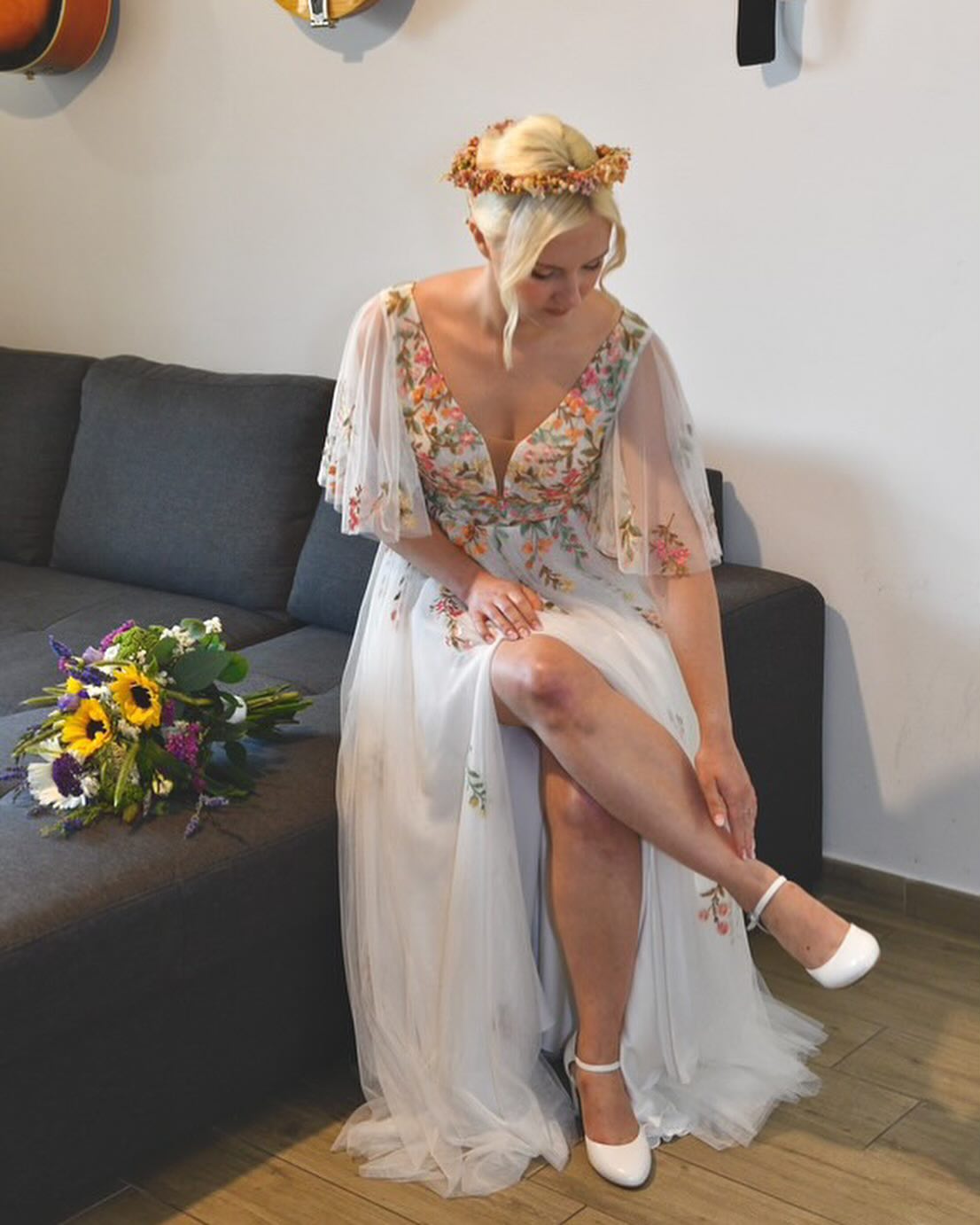 Ethereal Ivory Wedding Dress with 3D Floral Appliqués, Flutter Sleeves, Illusion Bodice TKL810|Selinadress