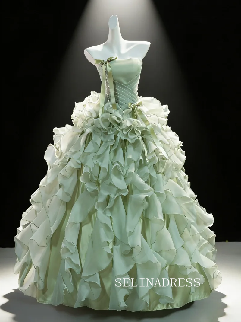 Ethereal Sage Green Bow Cascading Ruffles Strapless Sleeveless Backless Prom Dresses LET005|Selinadress