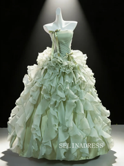 Ethereal Sage Green Bow Cascading Ruffles Strapless Sleeveless Backless Prom Dresses LET005|Selinadress
