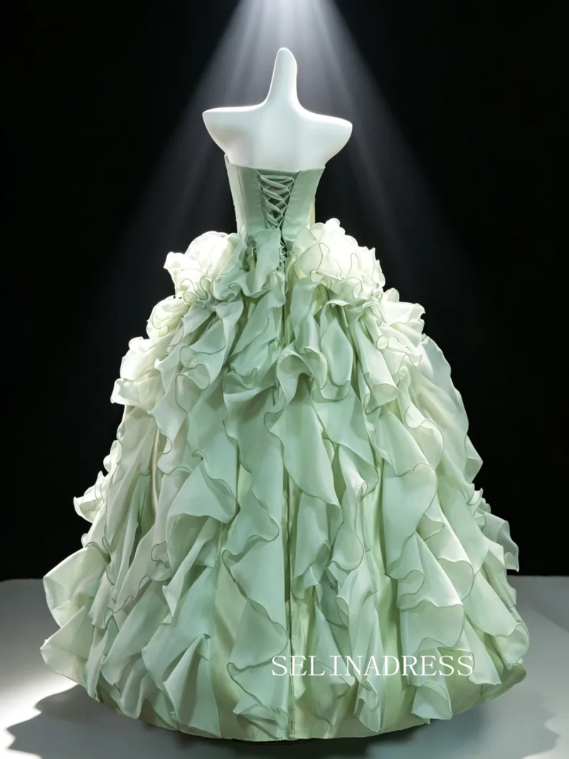Ethereal Sage Green Bow Cascading Ruffles Strapless Sleeveless Backless Prom Dresses LET005|Selinadress