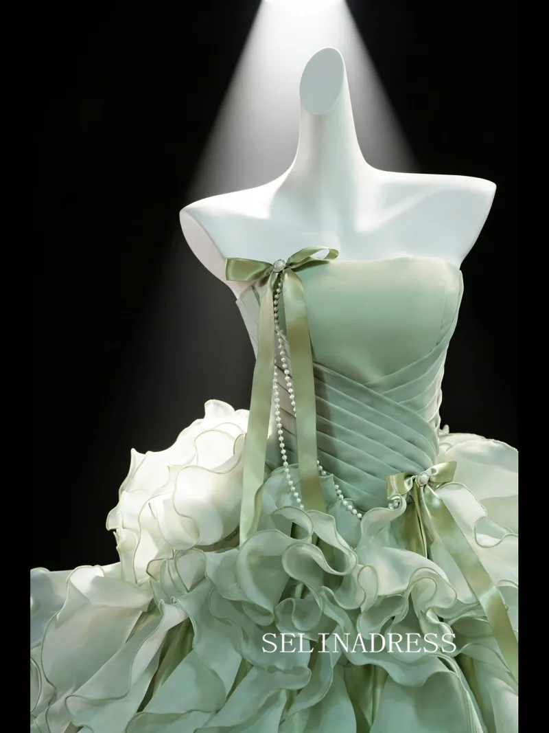 Ethereal Sage Green Bow Cascading Ruffles Strapless Sleeveless Backless Prom Dresses LET005|Selinadress