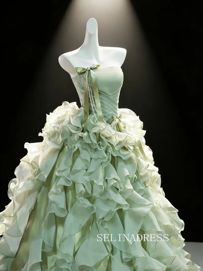 Ethereal Sage Green Bow Cascading Ruffles Strapless Sleeveless Backless Prom Dresses LET005|Selinadress