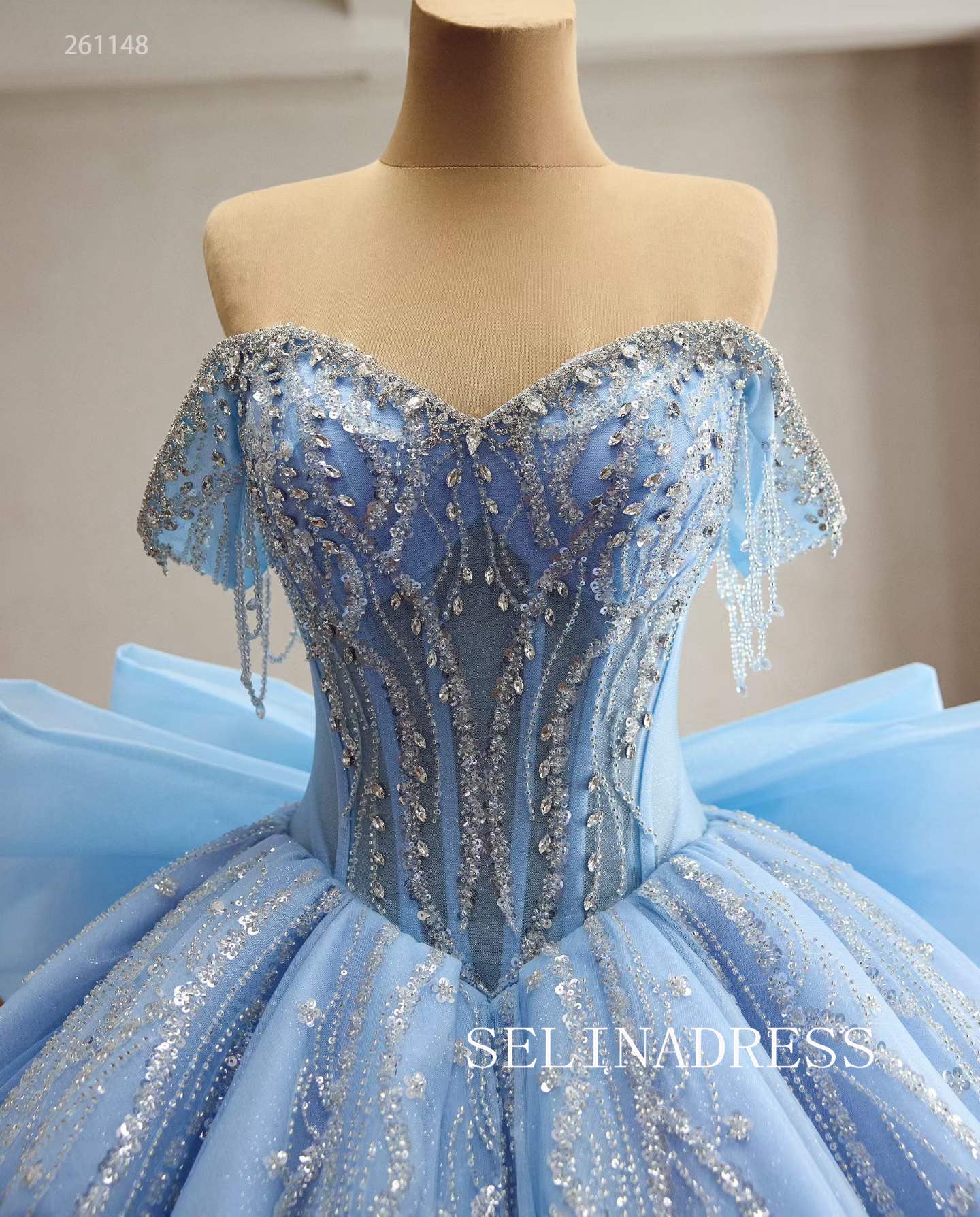 Ethereal Sky Blue Ball Gown with Sequined Bodice and Ruffled Train 261148|Selinadress