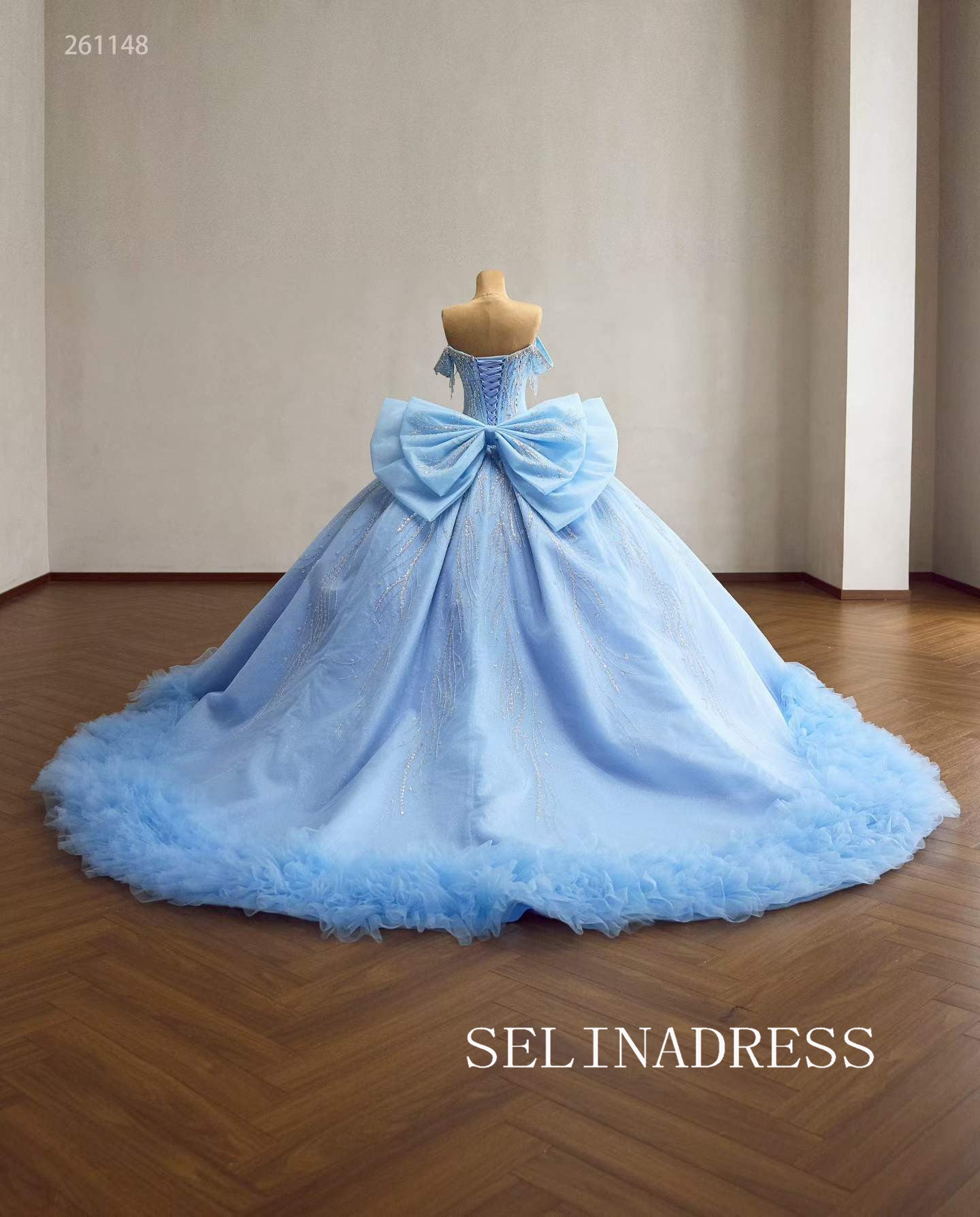 Ethereal Sky Blue Ball Gown with Sequined Bodice and Ruffled Train 261148|Selinadress