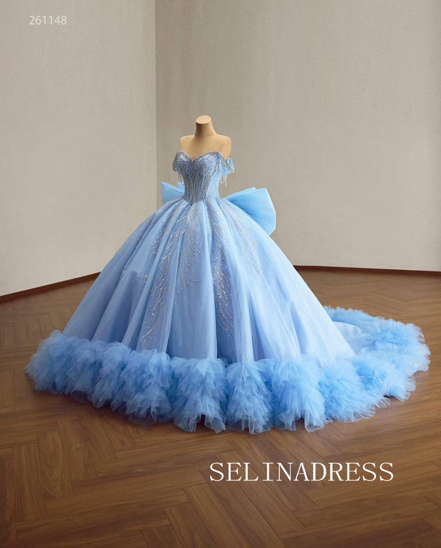 Ethereal Sky Blue Ball Gown with Sequined Bodice and Ruffled Train 261148|Selinadress