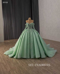 Exquisite Off-the-Shoulder Emerald Green Ball Gown with Intricate Beaded Embroidery 251122|Selinadress