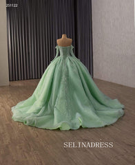Exquisite Off-the-Shoulder Emerald Green Ball Gown with Intricate Beaded Embroidery 251122|Selinadress