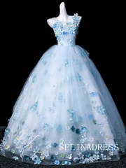 Fairy Sky Blue Pearl Appliques Prom Dresses Square Neckline Sleeveless Ball Gown LET018|Selinadress