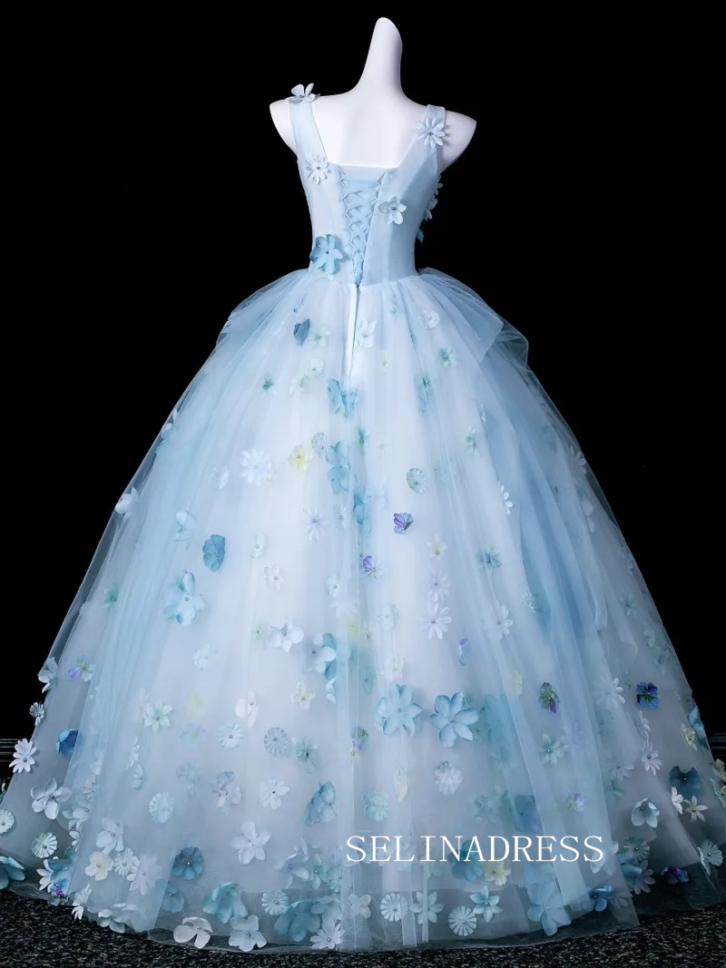 Fairy Sky Blue Pearl Appliques Prom Dresses Square Neckline Sleeveless Ball Gown LET018|Selinadress