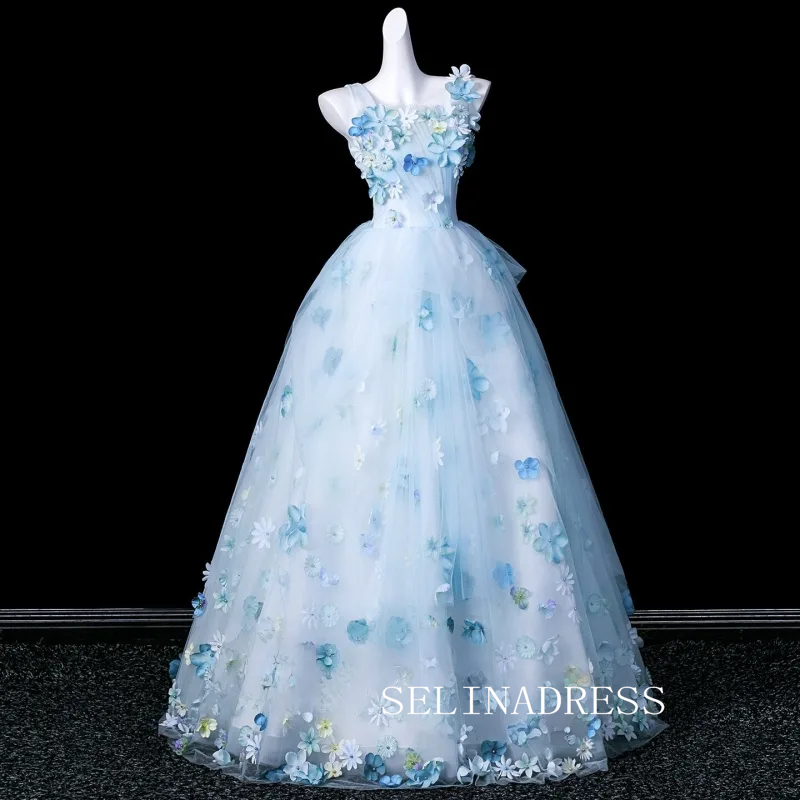 Fairy Sky Blue Pearl Appliques Prom Dresses Square Neckline Sleeveless Ball Gown LET018|Selinadress