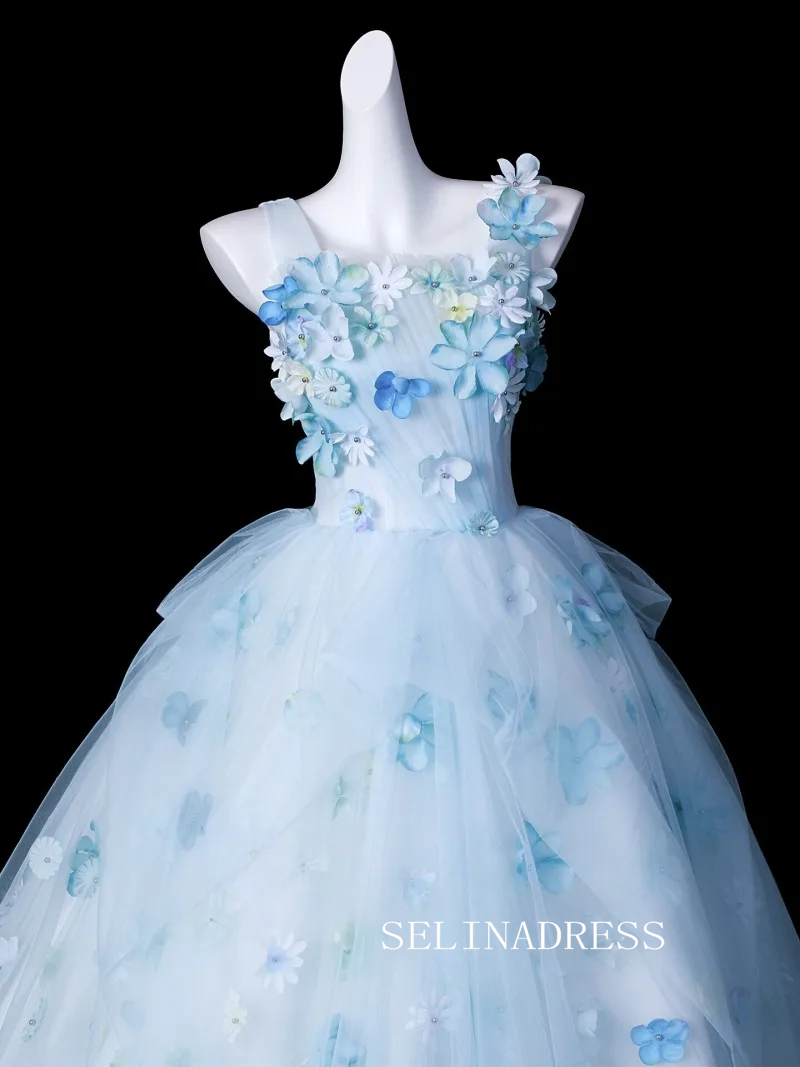 Fairy Sky Blue Pearl Appliques Prom Dresses Square Neckline Sleeveless Ball Gown LET018|Selinadress