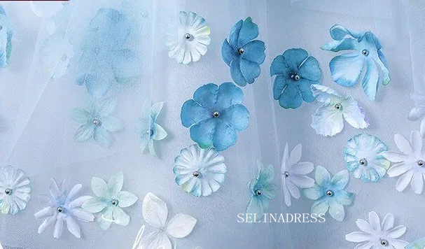 Fairy Sky Blue Pearl Appliques Prom Dresses Square Neckline Sleeveless Ball Gown LET018|Selinadress