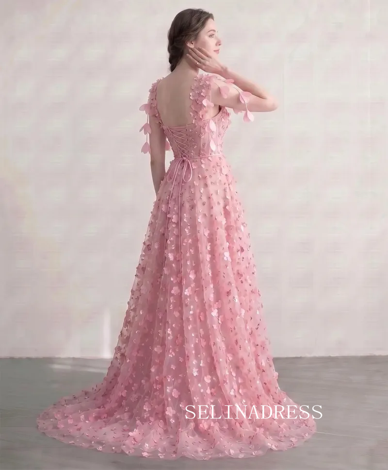Flower Fairy Blushing Pink 3D Lace Floral Sweetheart Sleeveless A-Line Princess Prom Dresses LET008|Selinadress