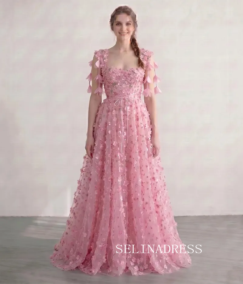 Flower Fairy Blushing Pink 3D Lace Floral Sweetheart Sleeveless A-Line Princess Prom Dresses LET008|Selinadress