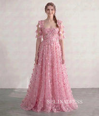 Flower Fairy Blushing Pink 3D Lace Floral Sweetheart Sleeveless A-Line Princess Prom Dresses LET008|Selinadress