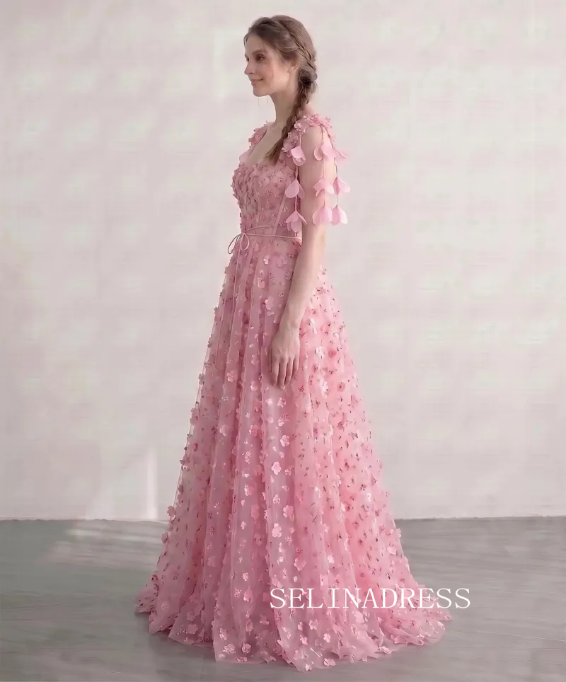 Flower Fairy Blushing Pink 3D Lace Floral Sweetheart Sleeveless A-Line Princess Prom Dresses LET008|Selinadress