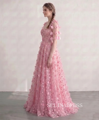 Flower Fairy Blushing Pink 3D Lace Floral Sweetheart Sleeveless A-Line Princess Prom Dresses LET008|Selinadress