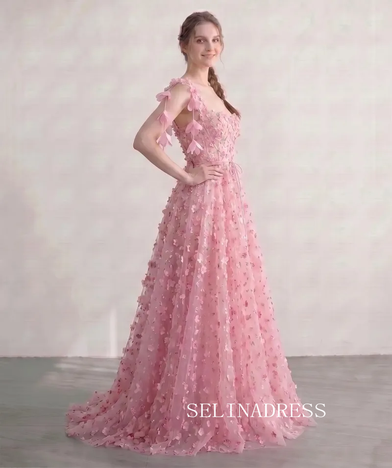 Flower Fairy Blushing Pink 3D Lace Floral Sweetheart Sleeveless A-Line Princess Prom Dresses LET008|Selinadress
